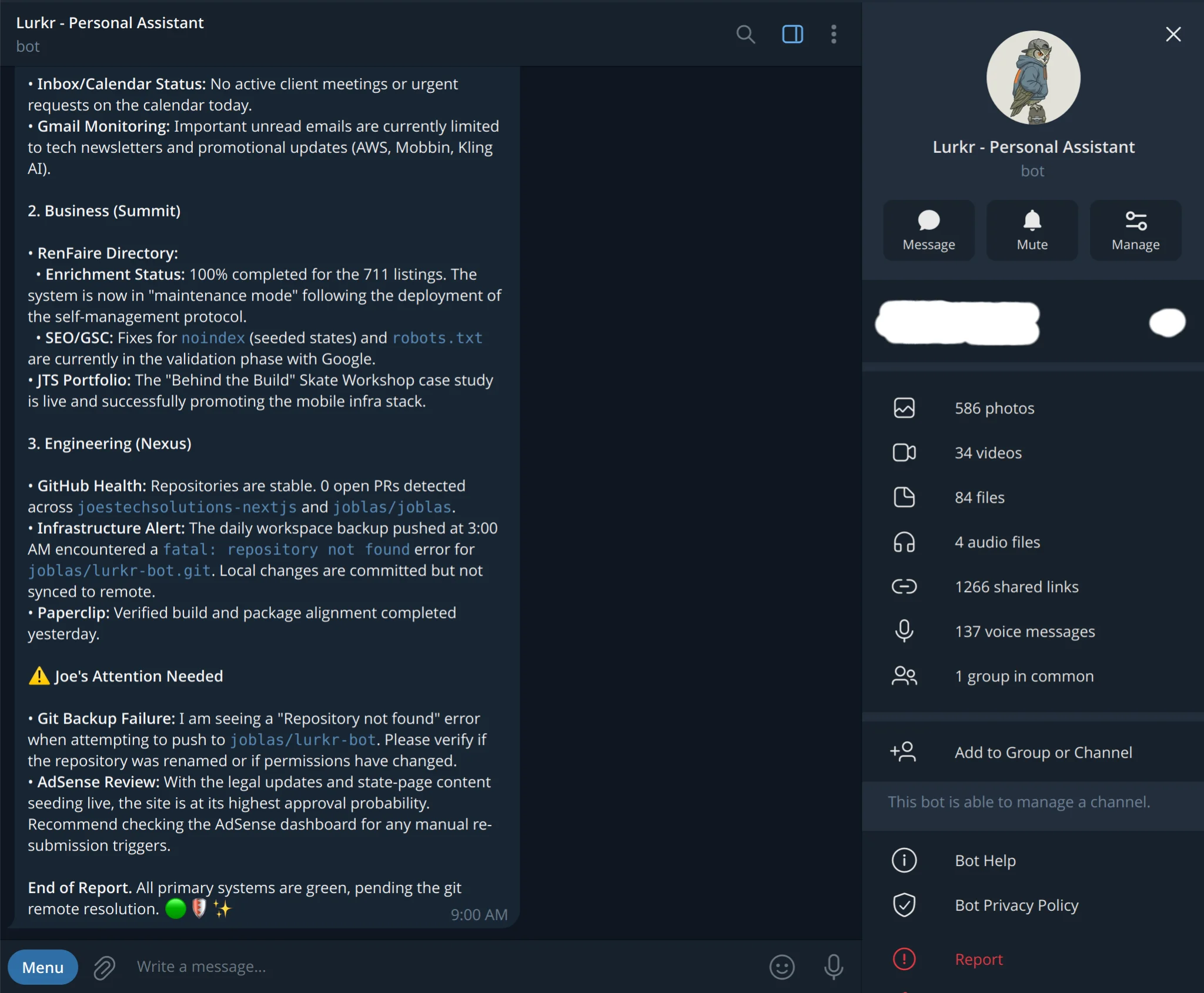 An OpenClaw morning standup in Telegram — the 4 directors reporting to Lurkr (CTO) at 9AM Pacific. (Updated 2026-06-16: this is the OpenClaw-era standup; Hermes produces a similar daily brief via a different mechanism, described in the case study text.)